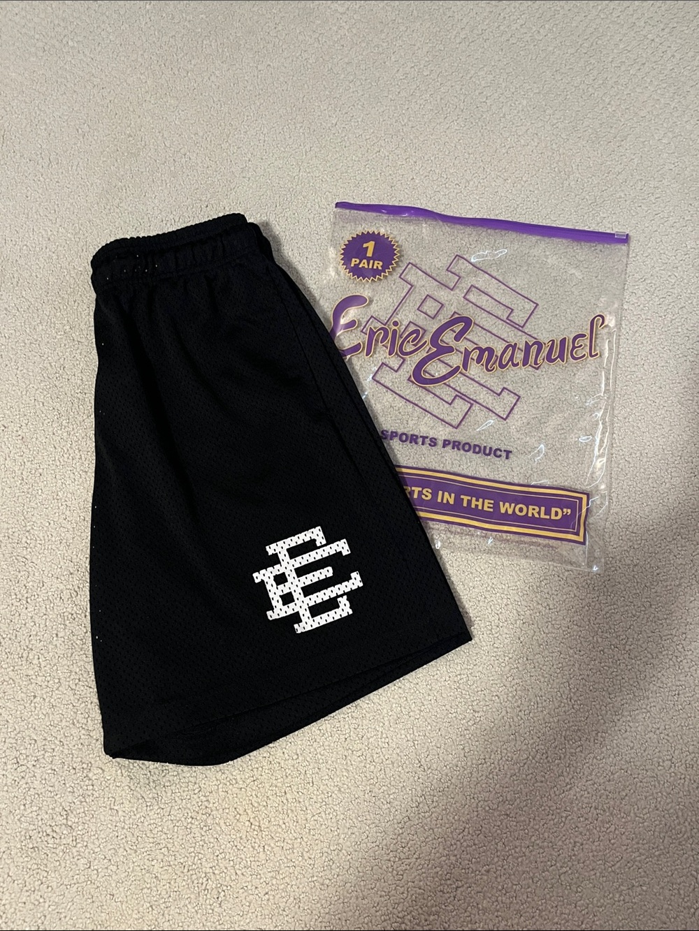 Eric Emanuel Black Athletic Mesh Shorts with White EE Logo